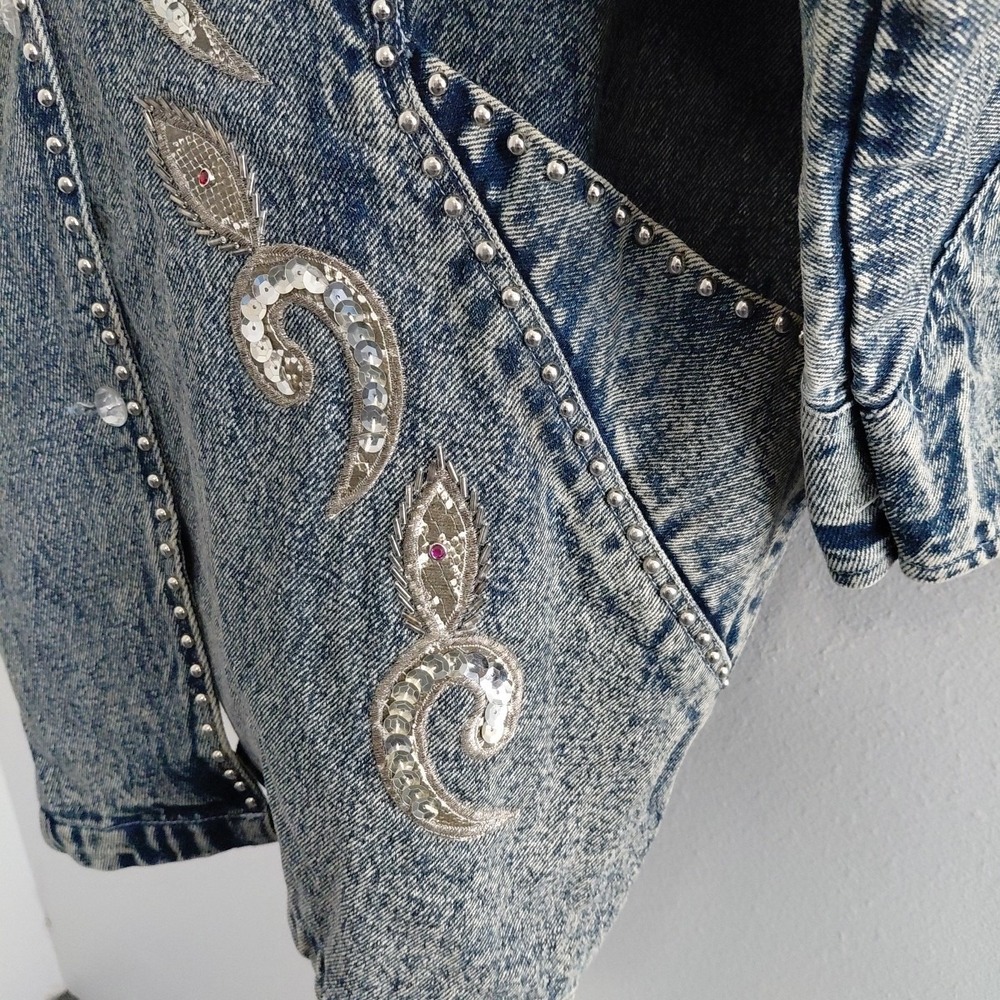 80's Bling Denim Jacket Womens Medium Acid Wash Deep V 90210 Preppy Retro Punk - Picture 6 of 16